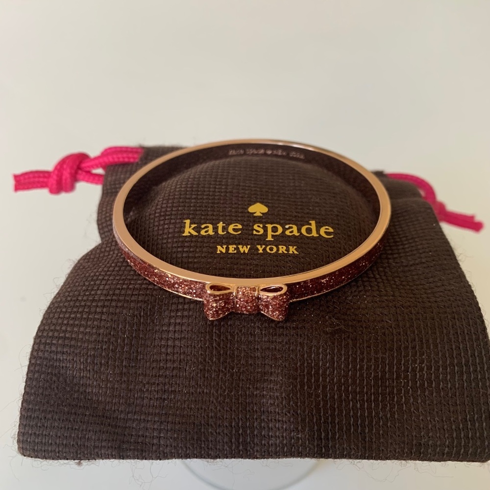 Kate Spade New York Take a Bow Pink Glitter + Rose Gold Bracelet Bangle Dust Bag